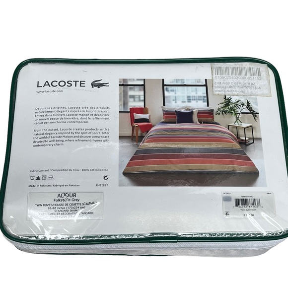 NEW $250 Lacoste Twin Duvet 68X88” Standard Sham Adour Folkstone Gray Bedding - Picture 3 of 11